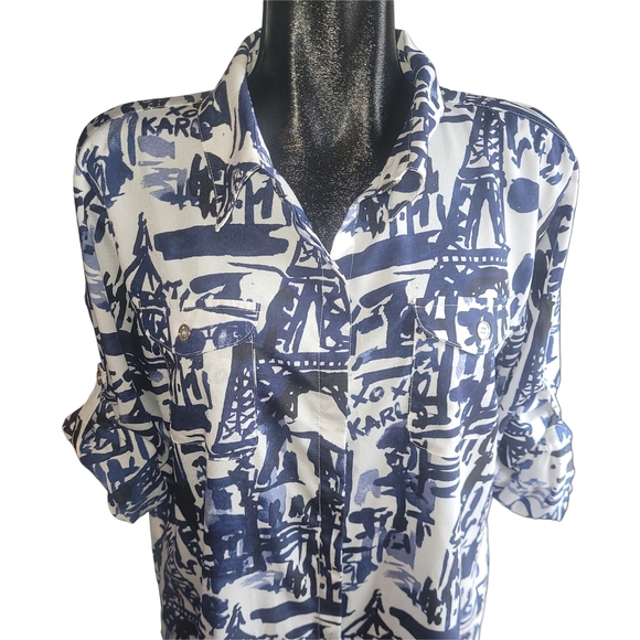 Karl Lagerfeld Blue and White Abstract Paris Button Front Shirt L - Picture 2 of 7
